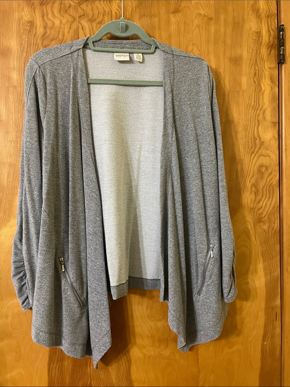 Chico's Gray Open-Front Cardigan with Plum Floral Shell
